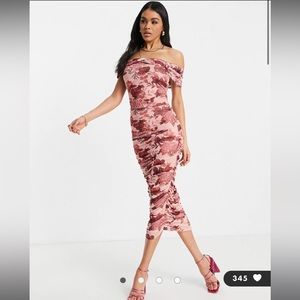 ASOS DESIGN off shoulder ruched mesh midi dress in floral print